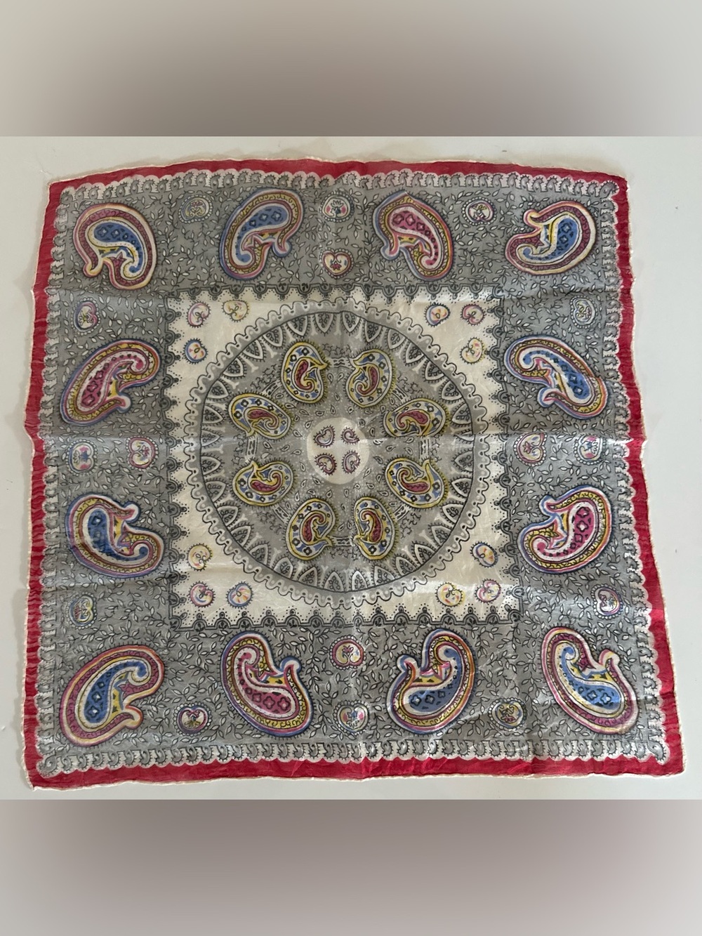 Paisley Print Silk-Look Square Scarf in Gray, Pink & Blue